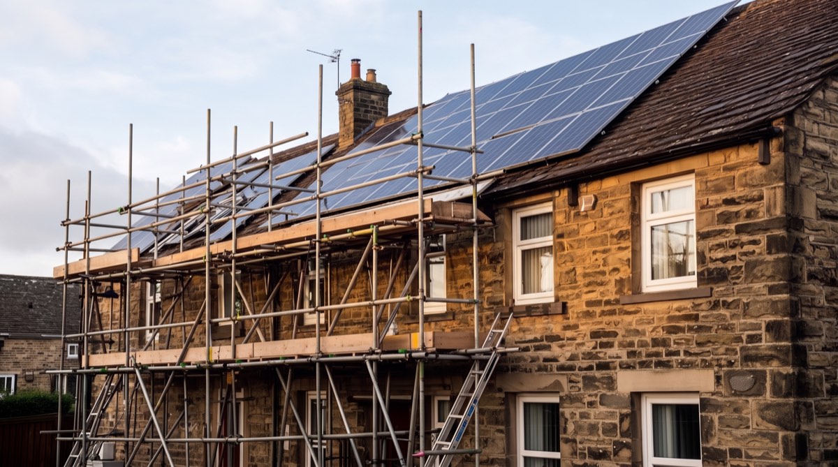 Solar panel installation on a scaffolded Norfolk home